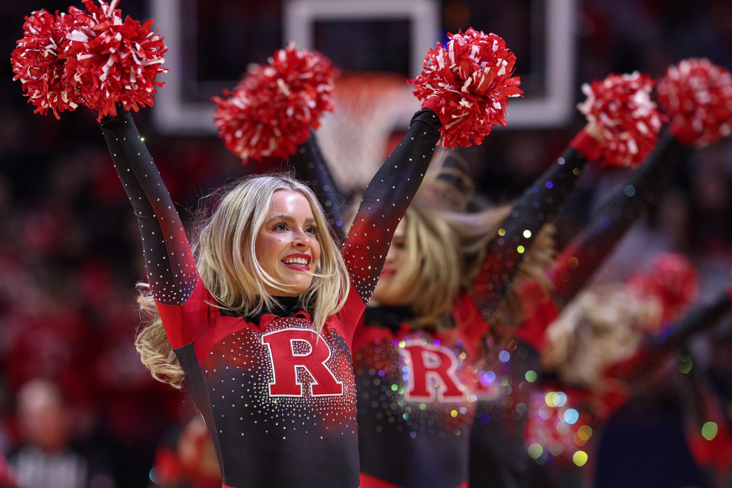 Mar 8, 2026; Piscataway, New Jersey, USA; The Scarlet Knight and the cheerleading and dance teams during the second half between the Rutgers Scarlet Knights and the Penn State Nittany Lions at Jersey Mike's Arena. Mandatory Credit: Vincent Carchietta-Imagn Images