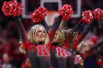 Mar 8, 2026; Piscataway, New Jersey, USA; The Scarlet Knight and the cheerleading and dance teams during the second half between the Rutgers Scarlet Knights and the Penn State Nittany Lions at Jersey Mike's Arena. Mandatory Credit: Vincent Carchietta-Imagn Images