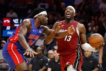 Mar 8, 2026; Miami, Florida, USA;  Detroit Pistons forward Isaiah Stewart (28) fouls Miami Heat center Bam Adebayo (13) during the first half at Kaseya Center. Mandatory Credit: Rhona Wise-Imagn Images