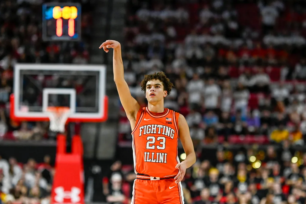 Mar 8, 2026; College Park, Maryland, USA; Illinois Fighting Illini guard Keaton Wagler (23) reacts after shooting a three point basket during the first half against the Maryland Terrapins at Xfinity Center. Mandatory Credit: Tommy Gilligan-Imagn Images