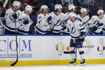 Mar 8, 2026; Buffalo, New York, USA;  Tampa Bay Lightning right wing Nikita Kucherov (86) celebrates his goal with teammates during the second period against the Buffalo Sabres at KeyBank Center. Mandatory Credit: Timothy T. Ludwig-Imagn Images