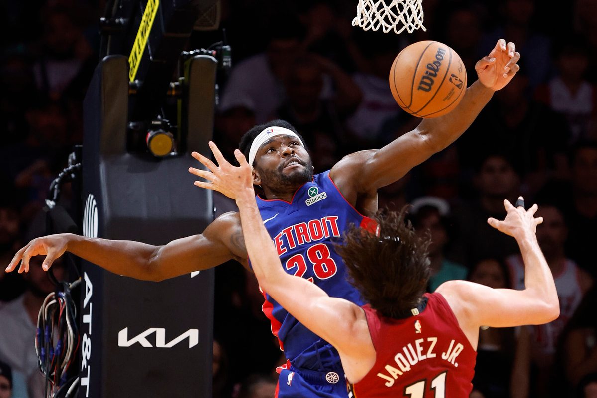 Mar 8, 2026; Miami, Florida, USA;  Detroit Pistons forward Isaiah Stewart (28) blocks a shot by Miami Heat forward Jaime Jaquez Jr. (11) during the second half at Kaseya Center. Mandatory Credit: Rhona Wise-Imagn Images