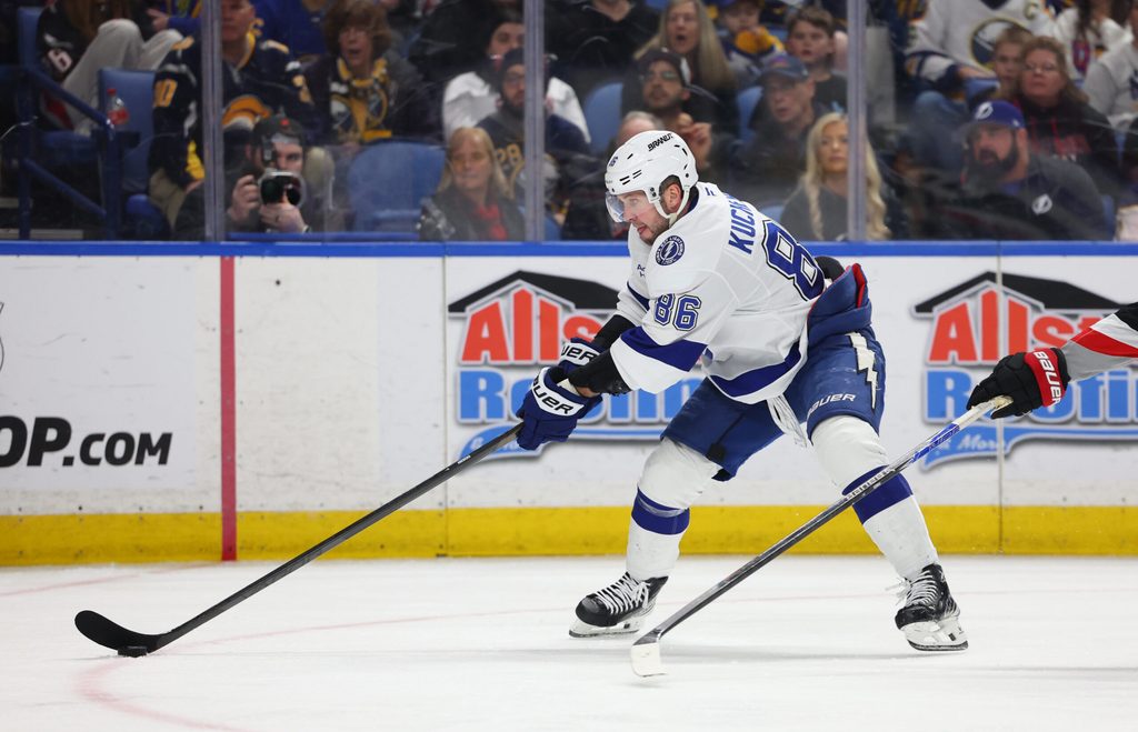 Mar 8, 2026; Buffalo, New York, USA; Tampa Bay Lightning right wing Nikita Kucherov (86) looks to control the puck during the third period against the Buffalo Sabres at KeyBank Center. Mandatory Credit: Timothy T. Ludwig-Imagn Images