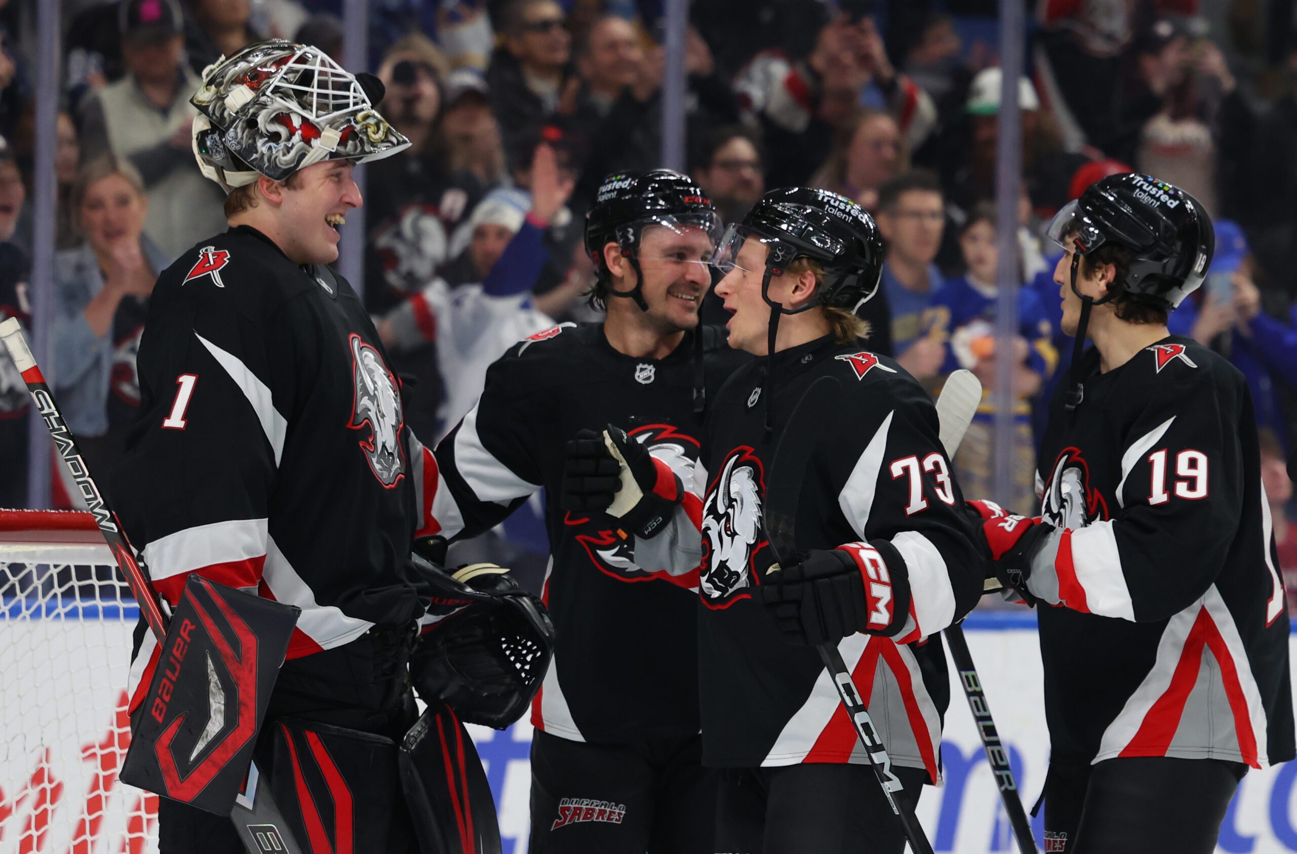 Mar 8, 2026; Buffalo, New York, USA;  The Buffalo Sabres celebrate a win over the Tampa Bay Lightning at KeyBank Center. Mandatory Credit: Timothy T. Ludwig-Imagn Images