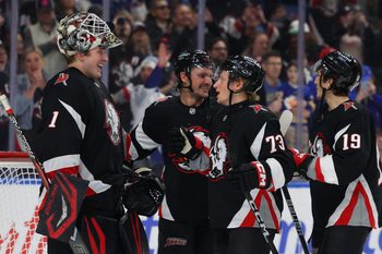 Mar 8, 2026; Buffalo, New York, USA;  The Buffalo Sabres celebrate a win over the Tampa Bay Lightning at KeyBank Center. Mandatory Credit: Timothy T. Ludwig-Imagn Images