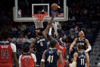 Mar 8, 2026; New Orleans, Louisiana, USA; New Orleans Pelicans center DeAndre Jordan (6) defends against Washington Wizards guard Jaden Hardy (8) during the second half at Smoothie King Center. Mandatory Credit: Matthew Hinton-Imagn Images