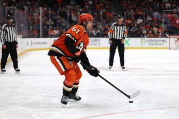 Mar 8, 2026; Anaheim, California, USA;  Anaheim Ducks left wing Cutter Gauthier (61) controls the puck during the second period against the St. Louis Blues at Honda Center. Mandatory Credit: Kiyoshi Mio-Imagn Images