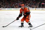 Mar 8, 2026; Anaheim, California, USA;  Anaheim Ducks right wing Beckett Sennecke (45) controls the puck during the second period against the St. Louis Blues at Honda Center. Mandatory Credit: Kiyoshi Mio-Imagn Images