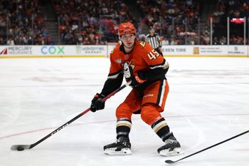 Mar 8, 2026; Anaheim, California, USA;  Anaheim Ducks right wing Beckett Sennecke (45) controls the puck during the second period against the St. Louis Blues at Honda Center. Mandatory Credit: Kiyoshi Mio-Imagn Images