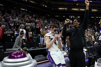 Mar 8, 2026; Sacramento, California, USA; Sacramento Kings center Maxine Raynaud (42) and center Dylan Cardwell (right) react after defeating the Chicago Bulls at Golden 1 Center. Mandatory Credit: Dennis Lee-Imagn Images