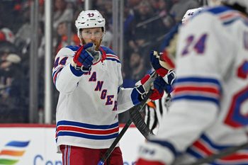 Mar 9, 2026; Philadelphia, Pennsylvania, USA; New York Rangers defenseman Vladislav Gavrikov (44) celebrates his goal with left wing Tye Kartye (24) against the Philadelphia Flyers during the second period at Xfinity Mobile Arena. Mandatory Credit: Eric Hartline-Imagn Images