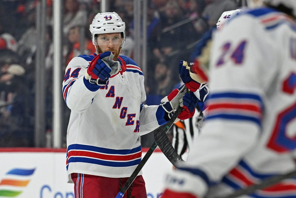 Mar 9, 2026; Philadelphia, Pennsylvania, USA; New York Rangers defenseman Vladislav Gavrikov (44) celebrates his goal with left wing Tye Kartye (24) against the Philadelphia Flyers during the second period at Xfinity Mobile Arena. Mandatory Credit: Eric Hartline-Imagn Images