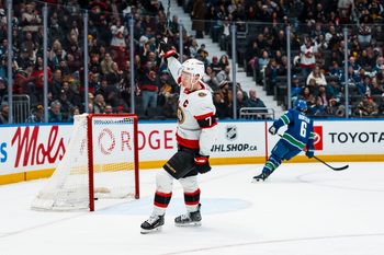 Mar 9, 2026; Vancouver, British Columbia, CAN; Ottawa Senators forward Brady Tkachuk (7) celebrates his goal against the Vancouver Canucks in the third period at Rogers Arena. Mandatory Credit: Bob Frid-Imagn Images