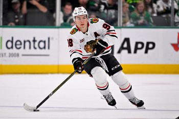 Mar 8, 2026; Dallas, Texas, USA; Chicago Blackhawks center Connor Bedard (98) skates against the Dallas Stars during the game between the Stars and the Blackhawks at American Airlines Center. Mandatory Credit: Jerome Miron-Imagn Images