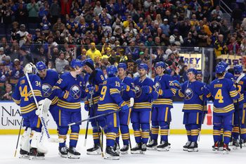 Mar 10, 2026; Buffalo, New York, USA;  The Buffalo Sabres celebrate a win against the San Jose Sharks at KeyBank Center. Mandatory Credit: Timothy T. Ludwig-Imagn Images