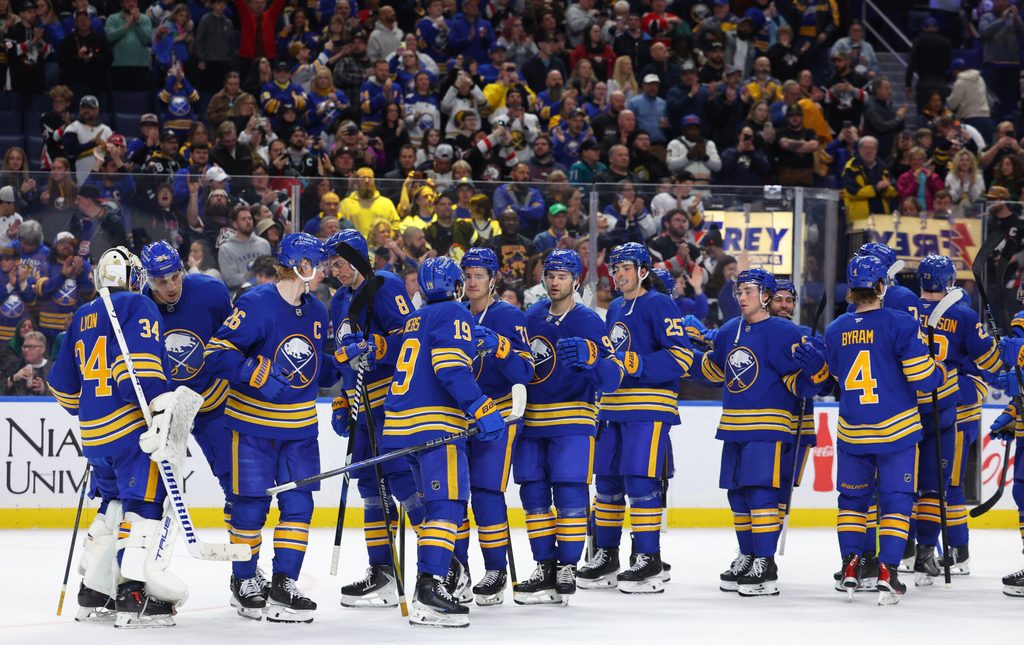 Mar 10, 2026; Buffalo, New York, USA; The Buffalo Sabres celebrate a win against the San Jose Sharks at KeyBank Center. Mandatory Credit: Timothy T. Ludwig-Imagn Images