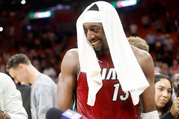 Mar 10, 2026; Miami, Florida, USA;  Miami Heat center Bam Adebayo (13) reacts after becoming the NBA's second highest scorer of points in a game with 83 against the Wshington Wizards at Kaseya Center. Mandatory Credit: Rhona Wise-Imagn Images