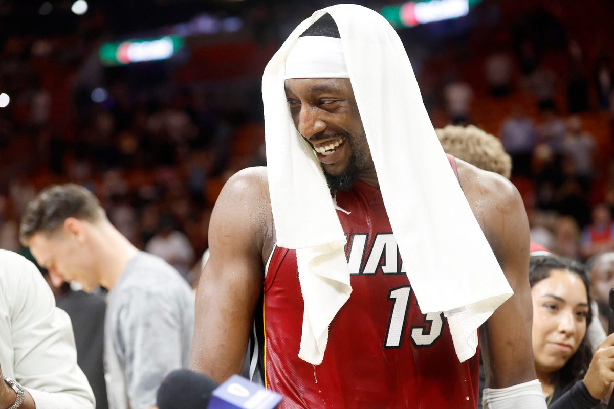 Mar 10, 2026; Miami, Florida, USA; Miami Heat center Bam Adebayo (13) reacts after becoming the NBA's second highest scorer of points in a game with 83 against the Wshington Wizards at Kaseya Center. Mandatory Credit: Rhona Wise-Imagn Images