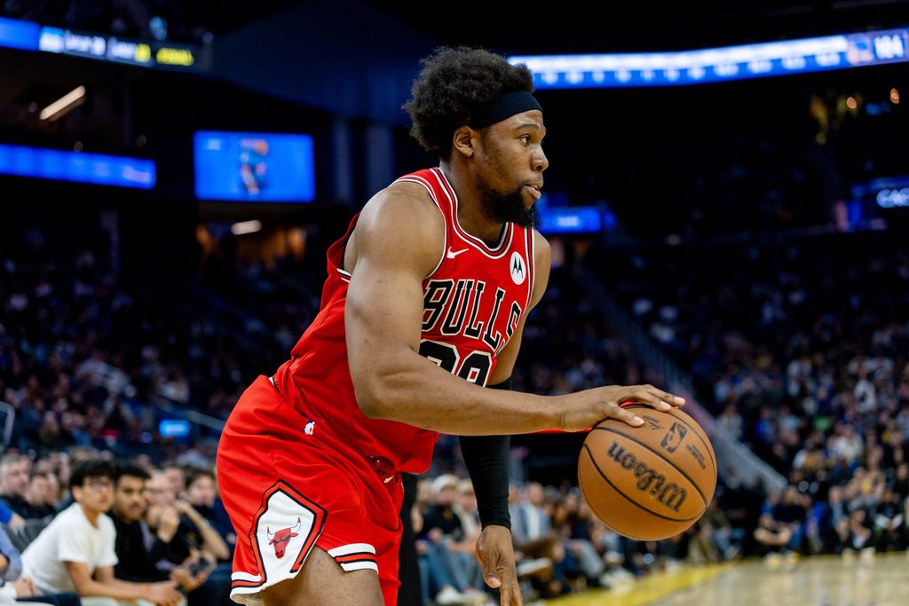 Mar 10, 2026; San Francisco, California, USA; Chicago Bulls forward Guerschon Yabusele (28) drives during the fourth quarter against the Golden State Warriors at Chase Center. Mandatory Credit: Bob Kupbens-Imagn Images