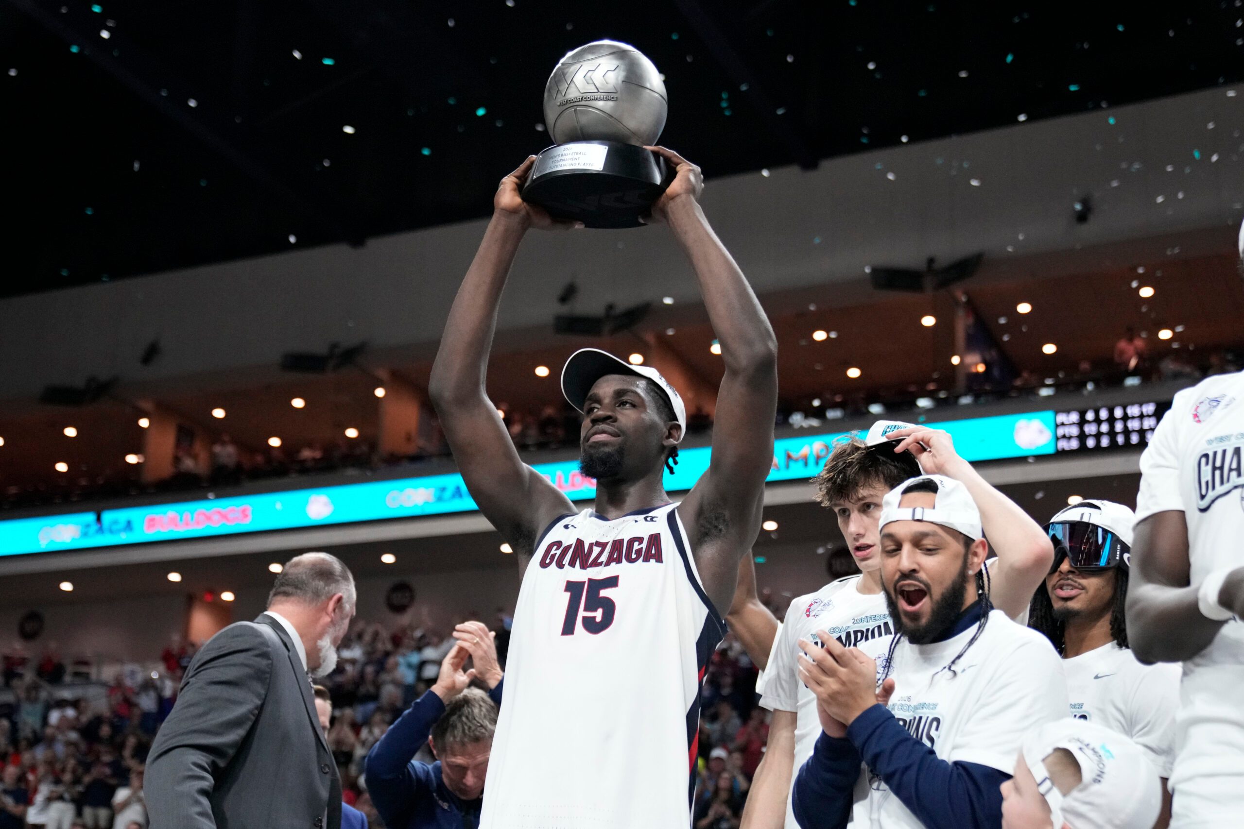 March 10, 2026; Las Vegas, NV, USA; Gonzaga Bulldogs forward Graham Ike (15) hoists the most outstanding player trophy after defeating the Santa Clara Broncos at Orleans Arena. Mandatory Credit: Kyle Terada-Imagn Images