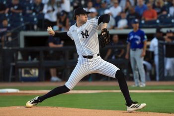 Mar 11, 2026; Tampa, Florida, USA;  New York Yankees starting pitcher Cam Schlittler (31) throws a pitch  during the first inning against the Toronto Blue Jays at George M. Steinbrenner Field. Mandatory Credit: Kim Klement Neitzel-Imagn Images