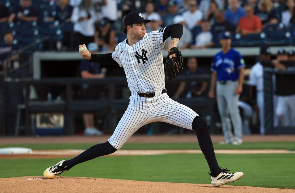 Mar 11, 2026; Tampa, Florida, USA; New York Yankees starting pitcher Cam Schlittler (31) throws a pitch during the first inning against the Toronto Blue Jays at George M. Steinbrenner Field. Mandatory Credit: Kim Klement Neitzel-Imagn Images