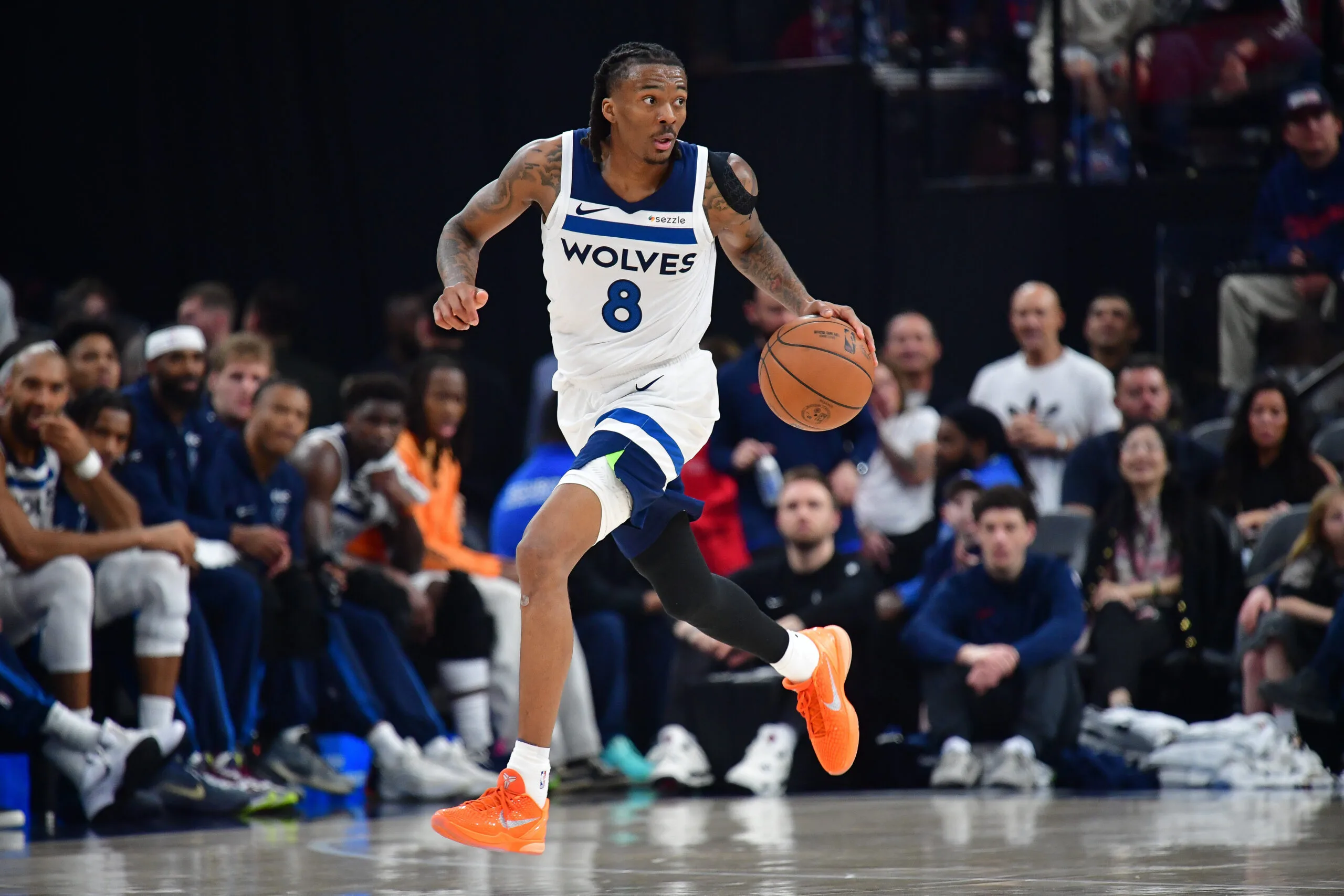 Mar 11, 2026; Inglewood, California, USA; Minnesota Timberwolves guard Bones Hyland (8) moves the ball down court against the Los Angeles Clippers during the first half at Intuit Dome. Mandatory Credit: Gary A. Vasquez-Imagn Images