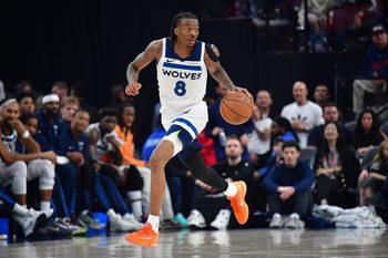 Mar 11, 2026; Inglewood, California, USA; Minnesota Timberwolves guard Bones Hyland (8) moves the ball down court against the Los Angeles Clippers during the first half at Intuit Dome. Mandatory Credit: Gary A. Vasquez-Imagn Images