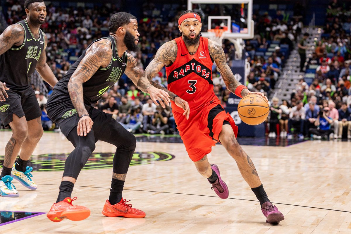 Mar 11, 2026; New Orleans, Louisiana, USA; Toronto Raptors forward Brandon Ingram (3) dribbles against New Orleans Pelicans guard/forward Saddiq Bey (41) during the second half at Smoothie King Center. Mandatory Credit: Stephen Lew-Imagn Images