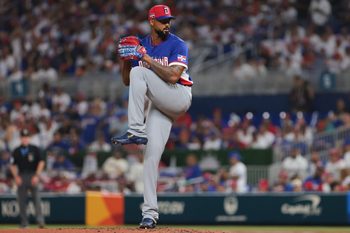 Mar 11, 2026; Miami, FL, United States; Dominican Republic pitcher Sandy Alcantara (7) pitches against Venezuela during the second inning at loanDepot Park. Mandatory Credit: Sam Navarro-Imagn Images