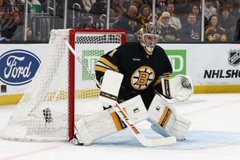 Mar 12, 2026; Boston, Massachusetts, USA; Boston Bruins goaltender Jeremy Swayman (1) during the first period against the San Jose Sharks at TD Garden. Mandatory Credit: Winslow Townson-Imagn Images