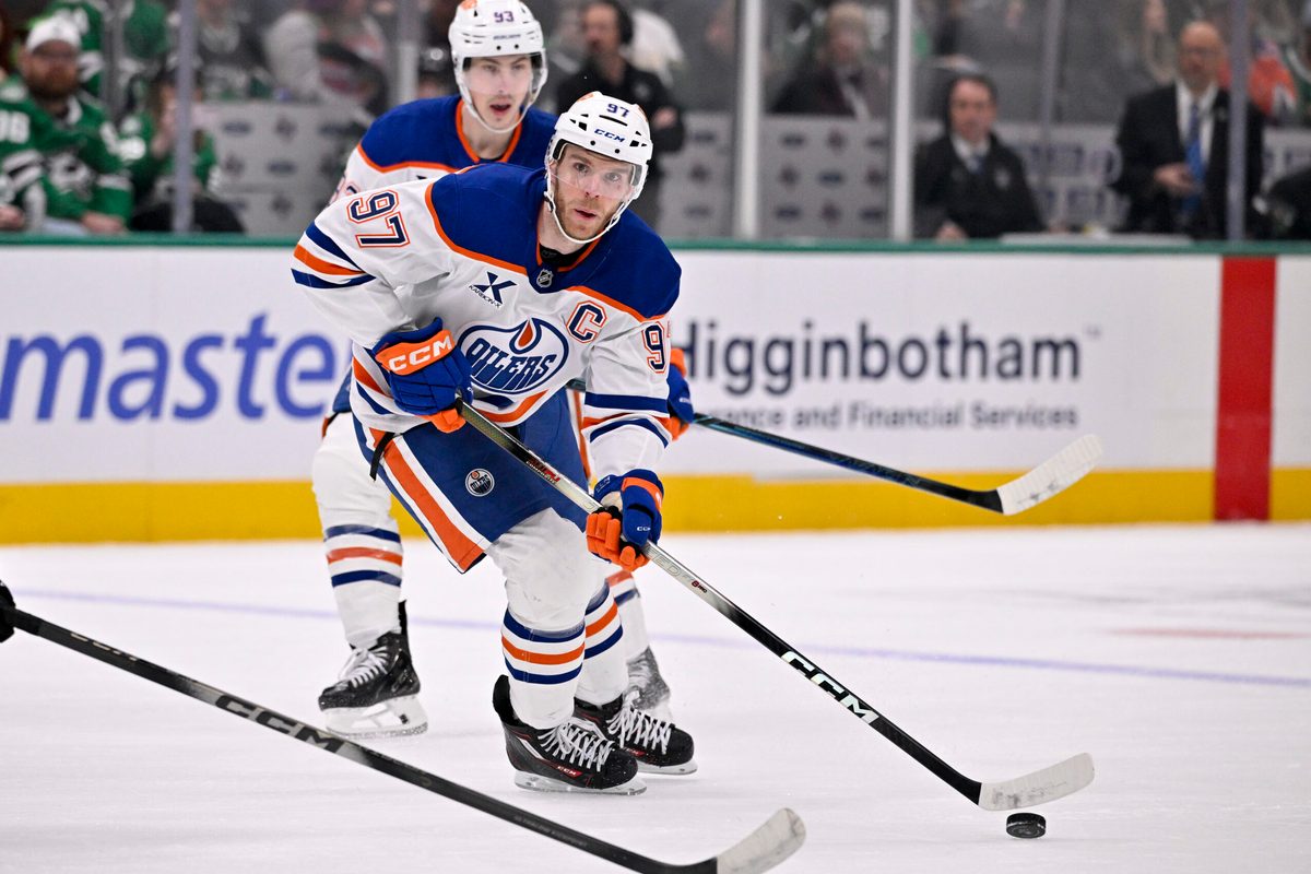 Mar 12, 2026; Dallas, Texas, USA; Edmonton Oilers center Connor McDavid (97) skates against the Dallas Stars during the third period at the American Airlines Center. Mandatory Credit: Jerome Miron-Imagn Images