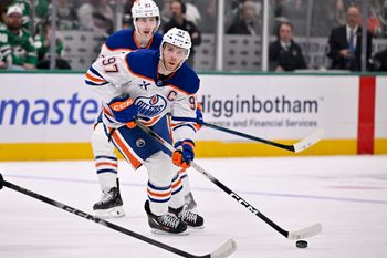 Mar 12, 2026; Dallas, Texas, USA; Edmonton Oilers center Connor McDavid (97) skates against the Dallas Stars during the third period at the American Airlines Center. Mandatory Credit: Jerome Miron-Imagn Images