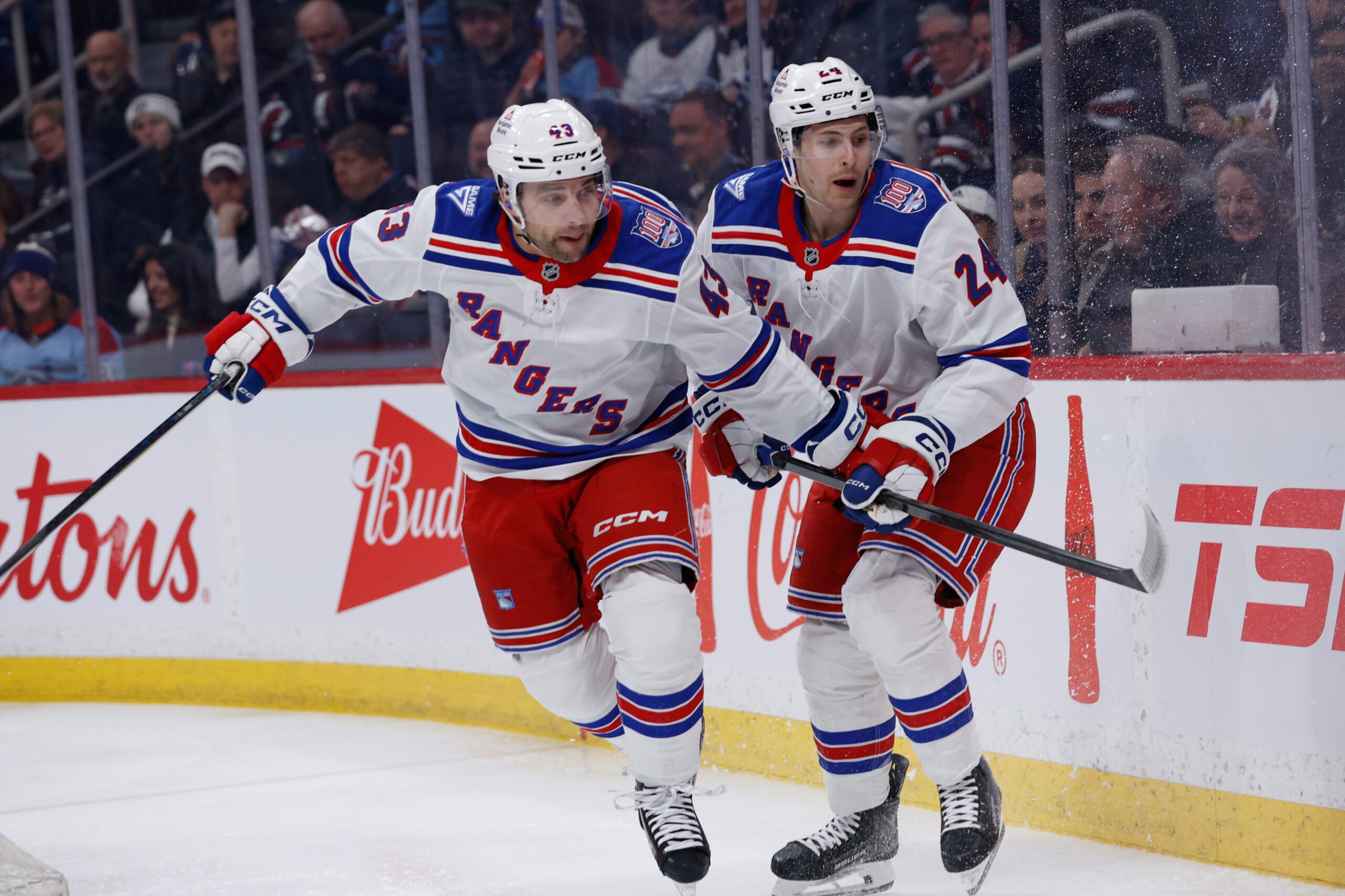 Mar 12, 2026; Winnipeg, Manitoba, CAN; New York Rangers forward Conor Sheary (43) and New York Rangers forward Tye Kartye (24) look for the puck in the Winnipeg Jets during the first period at Canada Life Centre. Mandatory Credit: Terrence Lee-Imagn Images