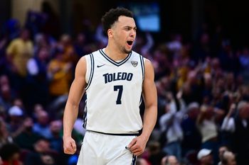 Mar 13, 2026; Cleveland, OH, USA; Toledo Rockets forward Sean Craig (7) reacts after a play against the Massachusetts Minutemen during the second half at Rocket Arena Mandatory Credit: Ken Blaze-Imagn Images