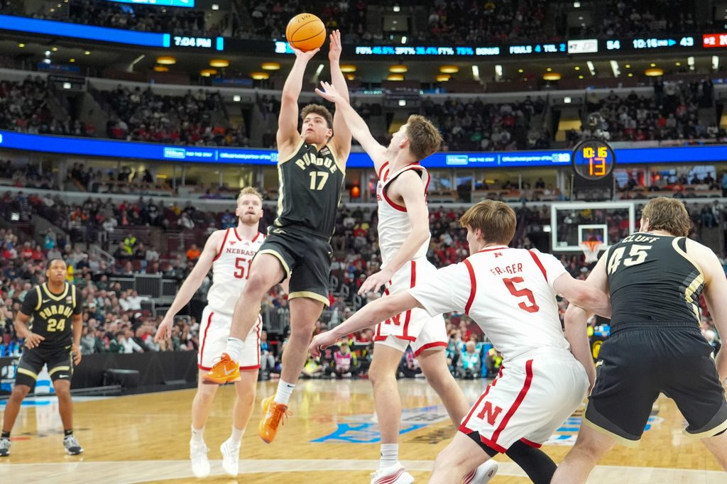 Mar 13, 2026; Chicago, IL, USA; Purdue Boilermakers guard Omer Mayer (17) shoots the ball against the Nebraska Cornhuskers during the second half at United Center. Mandatory Credit: David Banks-Imagn Images