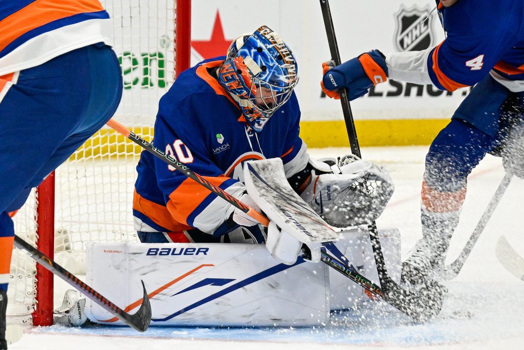 Mar 13, 2026; Elmont, New York, USA; New York Islanders goaltender Ilya Sorokin (30) makes a save against the Los Angeles Kings during the third period at UBS Arena. Mandatory Credit: Dennis Schneidler-Imagn Images