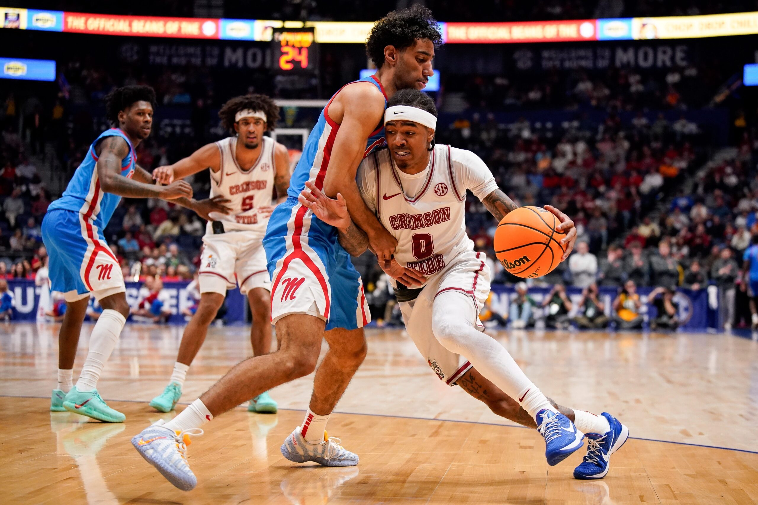 Mississippi guard Ilias Kamardine (6) defends against Alabama guard Labaron Philon (0) during the second half of a SEC tournament quarterfinal game at Bridgestone Arena in Nashville, Tenn., Friday, March 13, 2026.