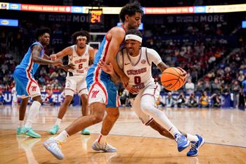 Mississippi guard Ilias Kamardine (6) defends against Alabama guard Labaron Philon (0) during the second half of a SEC tournament quarterfinal game at Bridgestone Arena in Nashville, Tenn., Friday, March 13, 2026.