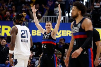 Mar 13, 2026; Detroit, Michigan, USA;  Detroit Pistons forward Duncan Robinson (55) celebrates in the second half against the Memphis Grizzlies at Little Caesars Arena. Mandatory Credit: Rick Osentoski-Imagn Images