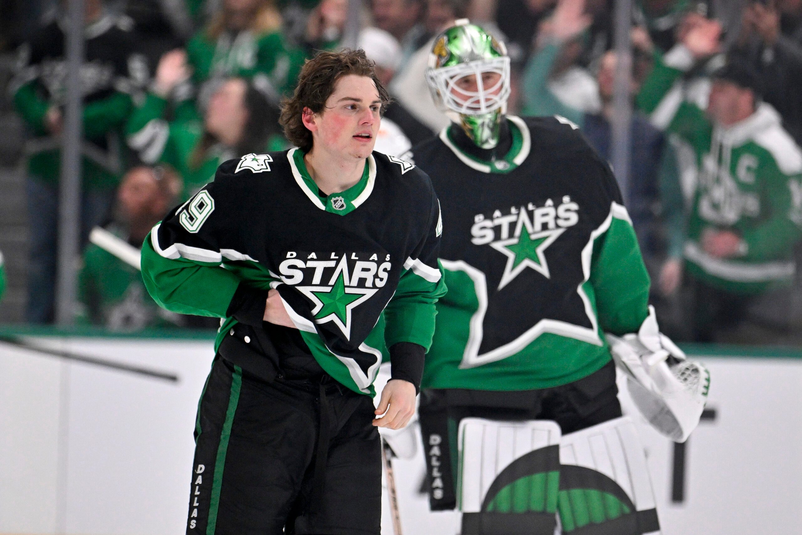 Mar 12, 2026; Dallas, Texas, USA; Dallas Stars center Justin Hryckowian (49) skates off the ice after fighting Edmonton Oilers center Connor McDavid (not pictured) during the second period at the American Airlines Center. Mandatory Credit: Jerome Miron-Imagn Images