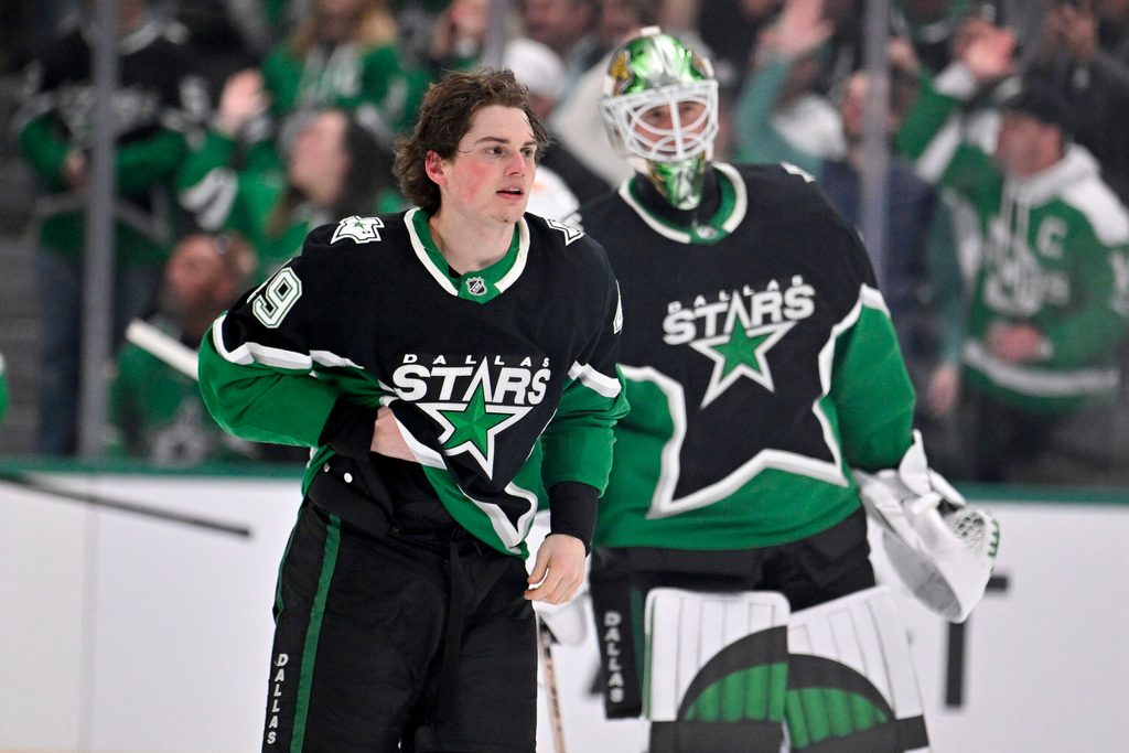 Mar 12, 2026; Dallas, Texas, USA; Dallas Stars center Justin Hryckowian (49) skates off the ice after fighting Edmonton Oilers center Connor McDavid (not pictured) during the second period at the American Airlines Center. Mandatory Credit: Jerome Miron-Imagn Images