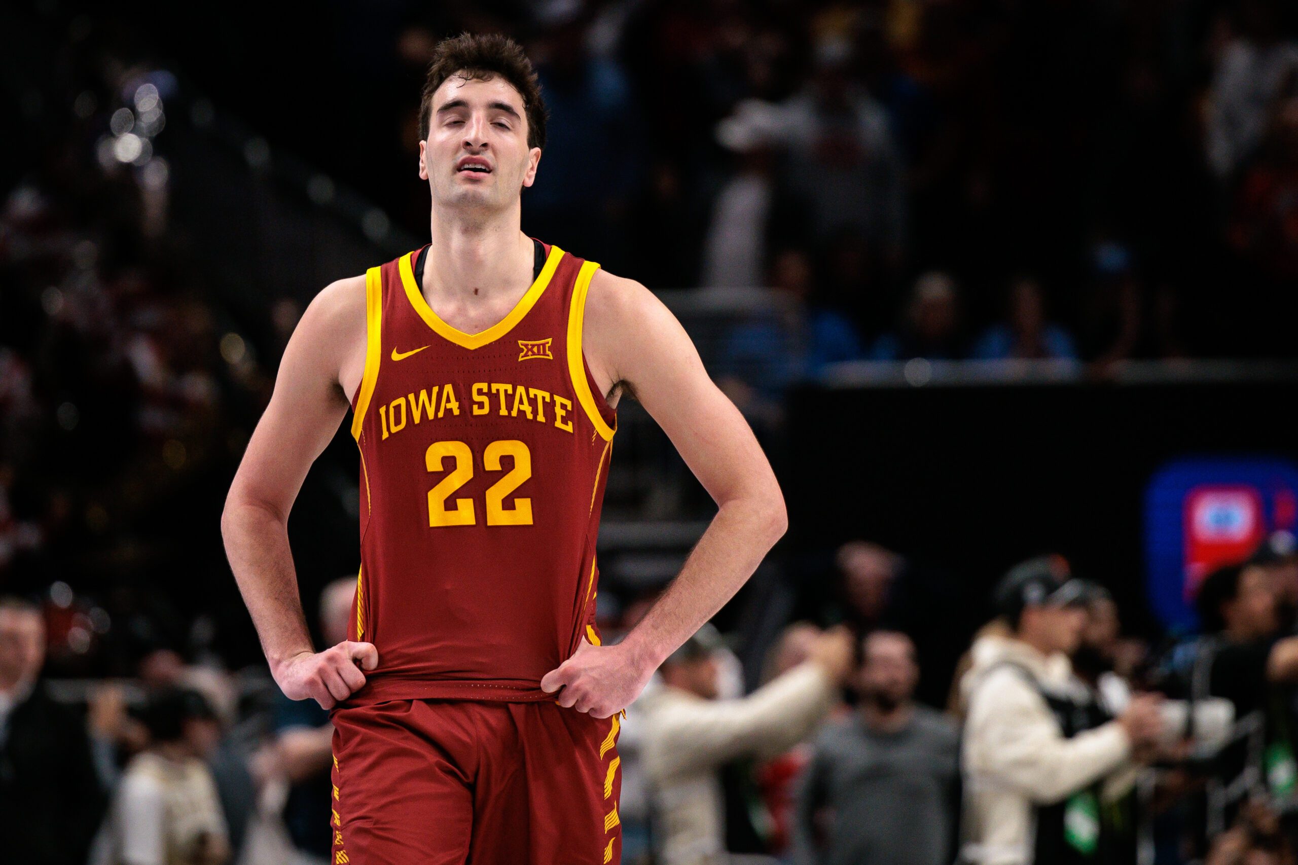 Mar 13, 2026; Kansas City, MO, USA; Iowa State Cyclones forward Milan Momcilovic (22) reacts at the end of the game against the Arizona Wildcats at T-Mobile Center. Mandatory Credit: William Purnell-Imagn Images