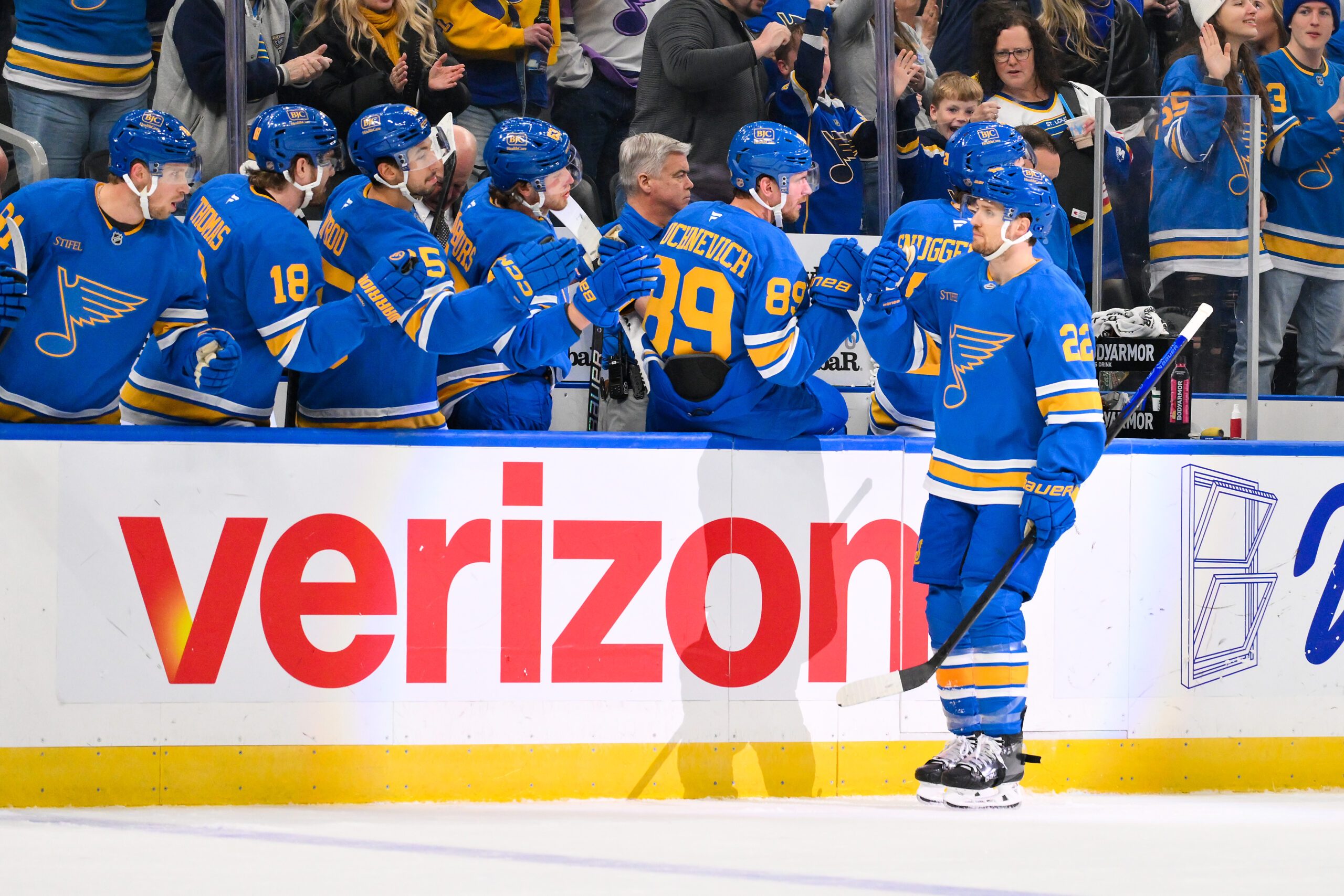 Mar 13, 2026; St. Louis, Missouri, USA; St. Louis Blues center Pius Suter (22) is congratulated by teammates after scoring against the Edmonton Oilers during the third period at Enterprise Center. Mandatory Credit: Jeff Curry-Imagn Images