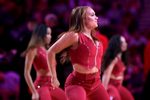 Mar 13, 2026; Houston, Texas, USA; A Houston Rockets cheerleader performs during a timeout against the New Orleans Pelicans during the fourth quarter at Toyota Center. Mandatory Credit: Erik Williams-Imagn Images