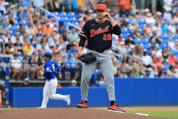 Mar 14, 2026; Dunedin, Florida, USA; Detroit Tigers starting pitcher Tarik Skubal (29) gives up a home run to Toronto Blue Jays center fielder Daulton Varsho (5) during the fifth inning at TD Ballpark. Mandatory Credit: Kim Klement Neitzel-Imagn Images