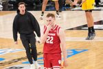 Mar 14, 2026; Chicago, IL, USA; Wisconsin Badgers forward Austin Rapp (22) reacts after making a three point basket against the Michigan Wolverines during the first half at United Center. Mandatory Credit: David Banks-Imagn Images