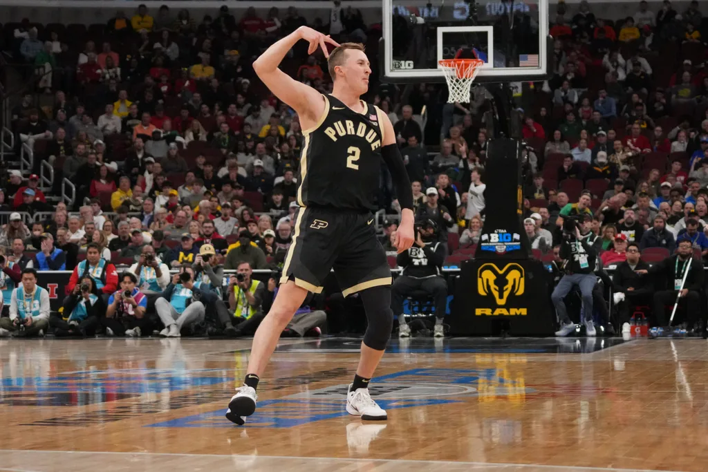 Mar 14, 2026; Chicago, IL, USA; Purdue Boilermakers guard Fletcher Loyer (2) gestures after making a three point basket against the UCLA Bruins during the first half at United Center. Mandatory Credit: David Banks-Imagn Images