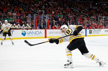 Mar 9, 2026; Washington, District of Columbia, USA; Boston Bruins right wing David Pastrnak (88) shoots the puck against the Washington Capitals in overtime at Capital One Arena. Mandatory Credit: Geoff Burke-Imagn Images