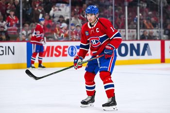 Mar 14, 2026; Montreal, Quebec, CAN; Montreal Canadiens center Nick Suzuki (14) skates during warm-up before the game against the San Jose Sharks at Bell Centre. Mandatory Credit: David Kirouac-Imagn Images